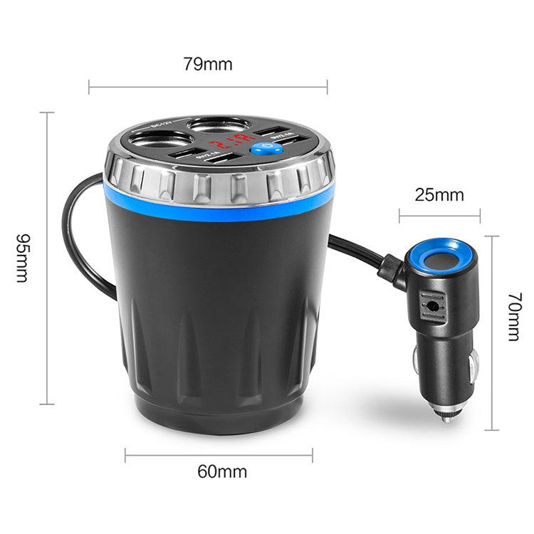 Cup Holder Car Charger Dual Cigarette Lighter 4USB Ports Charger Car MP3 Player (Blue) - Car Charger by buy2fix | Online Shopping UK | buy2fix