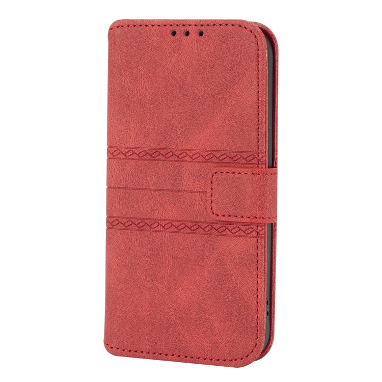 For iPhone 13 Embossed Striped Magnetic Buckle PU + TPU Horizontal Flip Leather Case with Holder & Card Slot & Wallet & Photo Frame & Sling(Red) - iPhone 13 Cases by buy2fix | Online Shopping UK | buy2fix