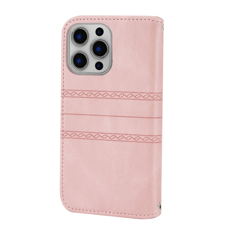 For iPhone 13 Pro Max Embossed Striped Magnetic Buckle PU + TPU Horizontal Flip Leather Case with Holder & Card Slot & Wallet & Photo Frame & Sling (Pink) - iPhone 13 Pro Max Cases by buy2fix | Online Shopping UK | buy2fix