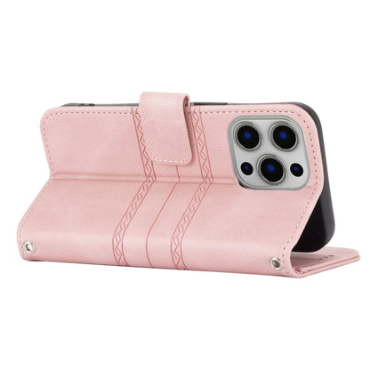 For iPhone 13 Pro Max Embossed Striped Magnetic Buckle PU + TPU Horizontal Flip Leather Case with Holder & Card Slot & Wallet & Photo Frame & Sling (Pink) - iPhone 13 Pro Max Cases by buy2fix | Online Shopping UK | buy2fix