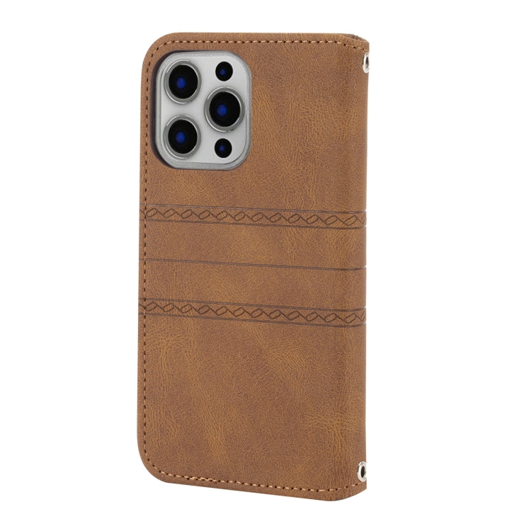 For iPhone 13 Pro Max Embossed Striped Magnetic Buckle PU + TPU Horizontal Flip Leather Case with Holder & Card Slot & Wallet & Photo Frame & Sling (Brown) - iPhone 13 Pro Max Cases by buy2fix | Online Shopping UK | buy2fix