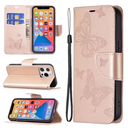 For iPhone 13 Pro Embossing Two Butterflies Pattern Horizontal Flip PU Leather Case with Holder & Card Slot & Wallet & Lanyard (Rose Gold) - iPhone 13 Pro Cases by buy2fix | Online Shopping UK | buy2fix