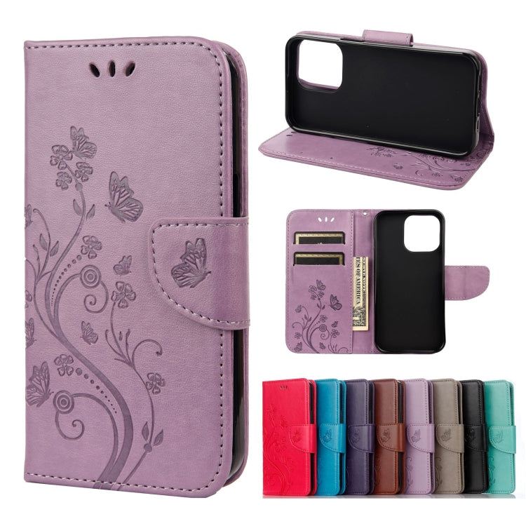 For iPhone 13 Butterfly Flower Pattern Horizontal Flip Leather Case with Holder & Card Slots & Wallet(Light Purple) - iPhone 13 Cases by buy2fix | Online Shopping UK | buy2fix