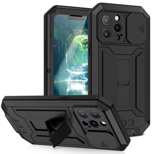 For iPhone 13 Pro Max R-JUST Sliding Camera Shockproof Life Waterproof Dust-proof Metal + Silicone Protective Case with Holder (Black) - iPhone 13 Pro Max Cases by R-JUST | Online Shopping UK | buy2fix