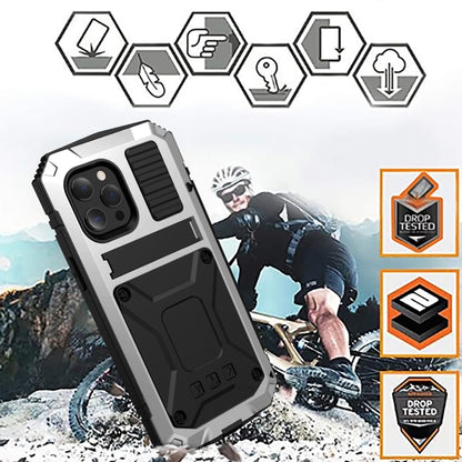 For iPhone 13 R-JUST Shockproof Waterproof Dust-proof Metal + Silicone Protective Case with Holder(Silver) - iPhone 13 Cases by R-JUST | Online Shopping UK | buy2fix