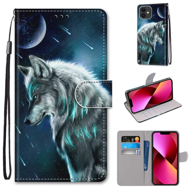 For iPhone 13 Coloured Drawing Cross Texture Horizontal Flip PU Leather Case with Holder & Card Slots & Wallet & Lanyard(Contemplative Wolf) - iPhone 13 Cases by buy2fix | Online Shopping UK | buy2fix