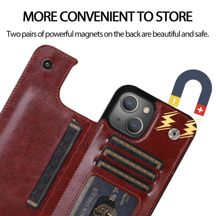 For iPhone 13 Double Buckle Shockproof PU Protective Case with Card Slots & Holder(Brown) - iPhone 13 Cases by buy2fix | Online Shopping UK | buy2fix