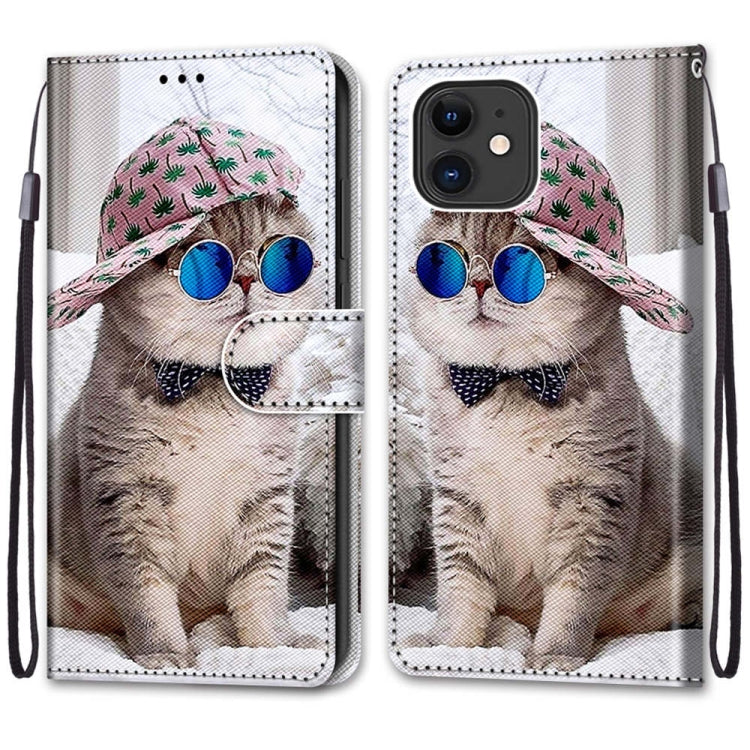 For iPhone 13 Coloured Drawing Cross Texture Horizontal Flip PU Leather Case with Holder & Card Slots & Wallet & Lanyard(Slant Hat Blue Mirror Cat) - iPhone 13 Cases by buy2fix | Online Shopping UK | buy2fix