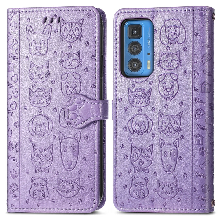 For Motorola Edge 20 Pro Lovely Cat and Dog Embossing Pattern Horizontal Flip Leather Case , with Holder & Card Slots & Wallet & Cartoon Clasp & Lanyard(Purple) - Motorola Cases by buy2fix | Online Shopping UK | buy2fix