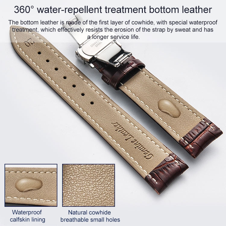 22mm Classic Cowhide Leather Black Butterfly Buckle Watch Band(Brown White Lines) - 22mm Bands by buy2fix | Online Shopping UK | buy2fix