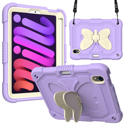 For iPad mini 6 Beige PC + Silicone Anti-drop Protective Tablet Case with Butterfly Shape Holder & Pen Slot(Beige + Light Purple) - iPad mini 6 Cases by buy2fix | Online Shopping UK | buy2fix