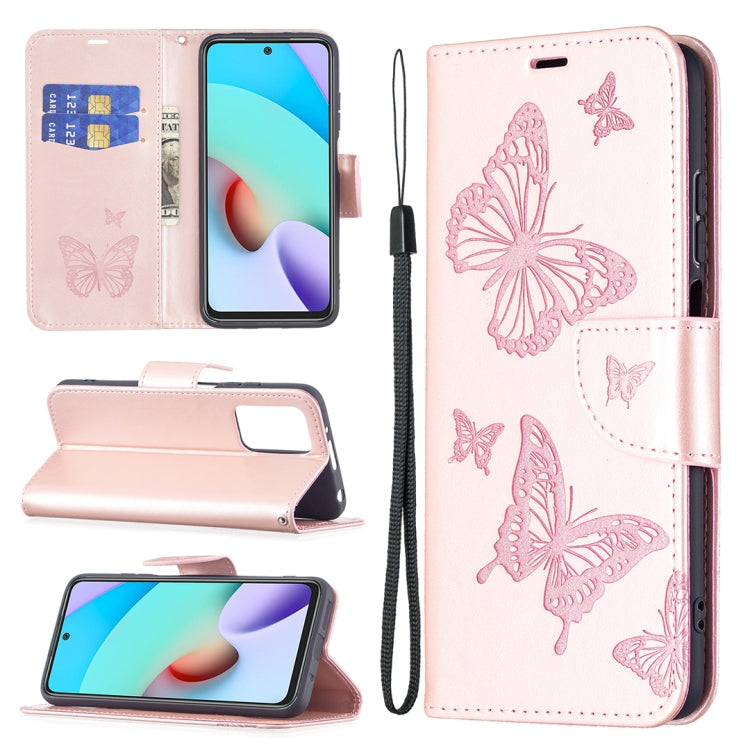 For Xiaomi Redmi 10 Two Butterflies Embossing Pattern Horizontal Flip Leather Case with Holder & Card Slot & Wallet & Lanyard(Gold) - Xiaomi Cases by buy2fix | Online Shopping UK | buy2fix