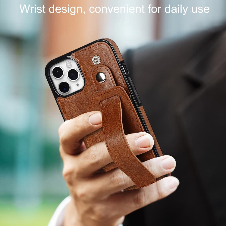 For iPhone 11 Pro Crazy Horse Texture Shockproof TPU + PU Leather Case with Card Slot & Wrist Strap Holder (Brown) - iPhone 11 Pro Cases by buy2fix | Online Shopping UK | buy2fix