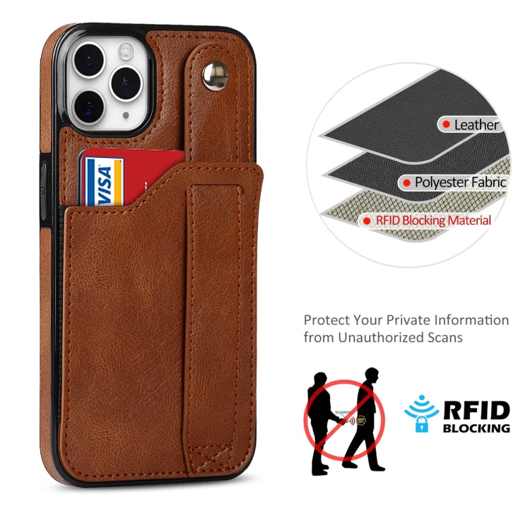 For iPhone 11 Pro Crazy Horse Texture Shockproof TPU + PU Leather Case with Card Slot & Wrist Strap Holder (Brown) - iPhone 11 Pro Cases by buy2fix | Online Shopping UK | buy2fix