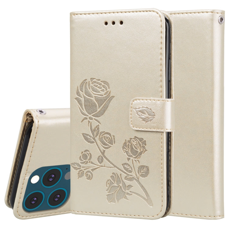 For iPhone 13 Pro Max Rose Embossed Horizontal Flip PU Leather Case with Holder & Card Slots & Wallet (Gold) - iPhone 13 Pro Max Cases by buy2fix | Online Shopping UK | buy2fix