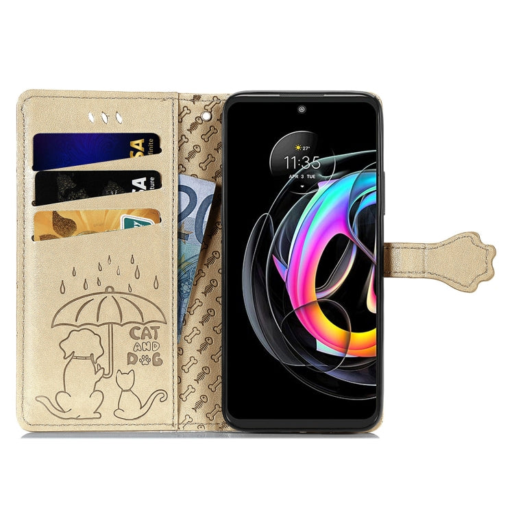 For Motorola Moto Edge 20 Lite Lovely Cat and Dog Embossing Pattern Horizontal Flip Leather Case , with Holder & Card Slots & Wallet & Cartoon Clasp & Lanyard(Gold) - Motorola Cases by buy2fix | Online Shopping UK | buy2fix