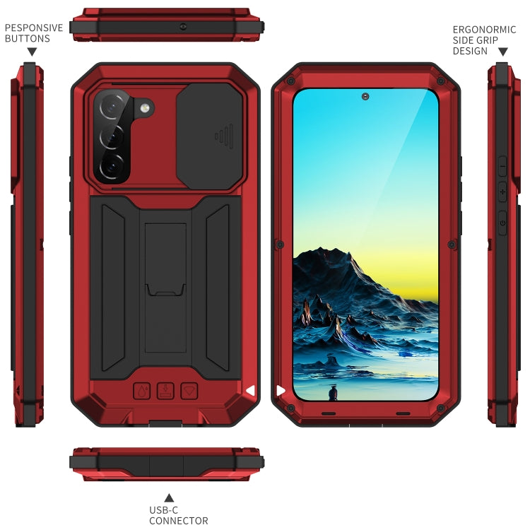 For Samsung Galaxy S22 5G R-JUST Sliding Camera Metal + Silicone Holder Phone Case(Red) - Galaxy S22 5G Cases by R-JUST | Online Shopping UK | buy2fix