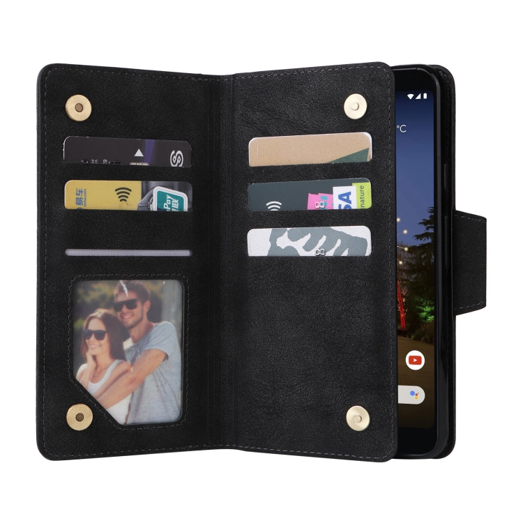 For Google Pixel 3A XL Rivet Buckle 9 Cards Three Fold Leather Phone Case(Black) - Google Cases by buy2fix | Online Shopping UK | buy2fix