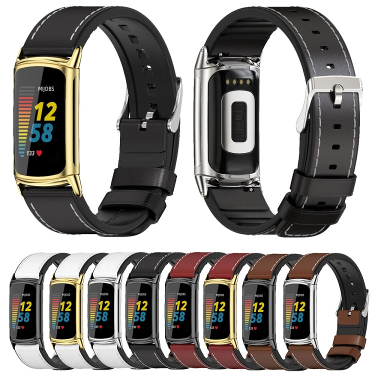 For Fitbit Charge5 Mijobs TPU + Leather Watch Band(Brown+Black) - Watch Bands by MIJOBS | Online Shopping UK | buy2fix