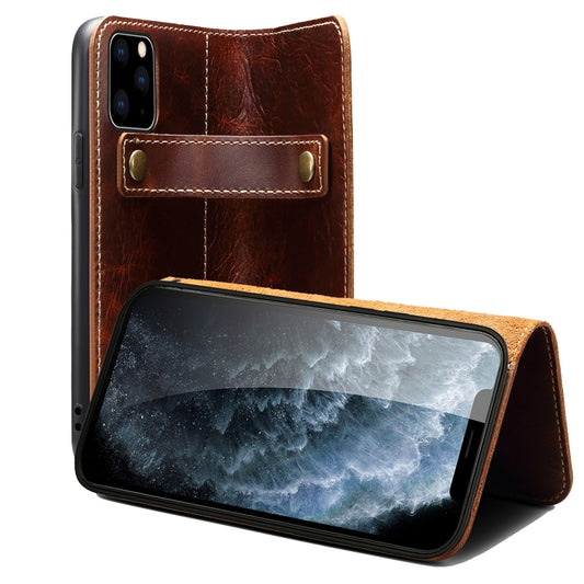 For iPhone 13 Pro Denior Oil Wax Cowhide DK Magnetic Button Leather Phone Case(Brown) - iPhone 13 Pro Cases by Denior | Online Shopping UK | buy2fix