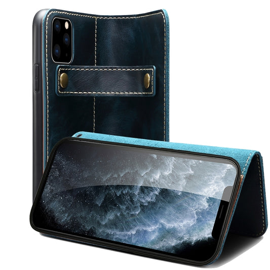 For iPhone 13 Pro Max Denior Oil Wax Cowhide DK Magnetic Button Leather Phone Case(Dark Blue) - iPhone 13 Pro Max Cases by Denior | Online Shopping UK | buy2fix