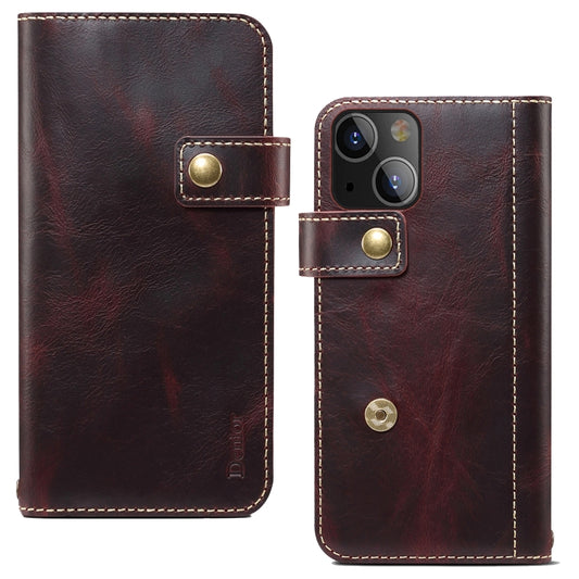 For iPhone 14 Denior Oil Wax Cowhide DK Magnetic Button Leather Phone Case(Dark Red) - iPhone 14 Cases by Denior | Online Shopping UK | buy2fix