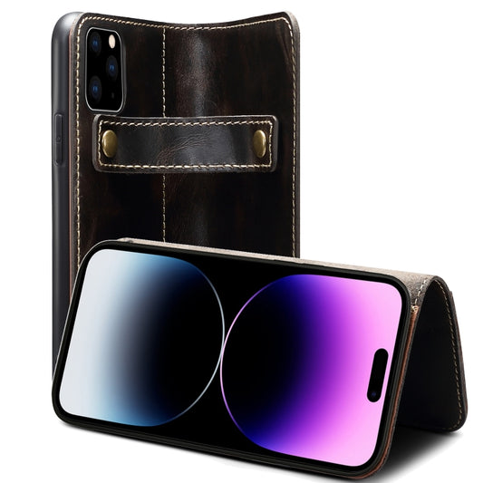 For iPhone 14 Pro Denior Oil Wax Cowhide DK Magnetic Button Leather Phone Case(Black) - iPhone 14 Pro Cases by Denior | Online Shopping UK | buy2fix