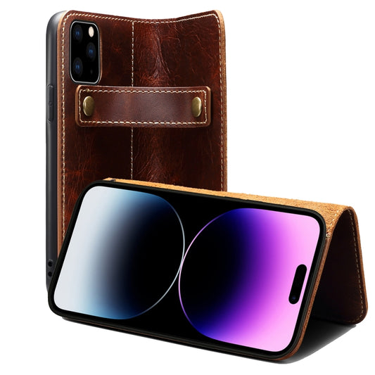 For iPhone 14 Pro Max Denior Oil Wax Cowhide DK Magnetic Button Leather Phone Case(Brown) - iPhone 14 Pro Max Cases by Denior | Online Shopping UK | buy2fix