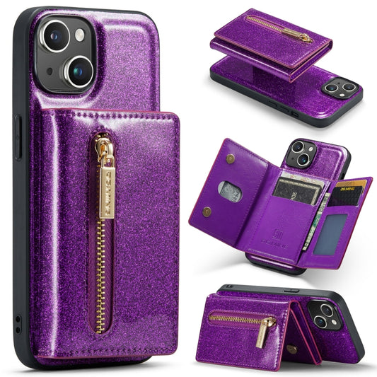 For iPhone 14 Plus DG.MING M3 Series Glitter Powder Card Bag Leather Case(Dark Purple) - iPhone 14 Plus Cases by DG.MING | Online Shopping UK | buy2fix