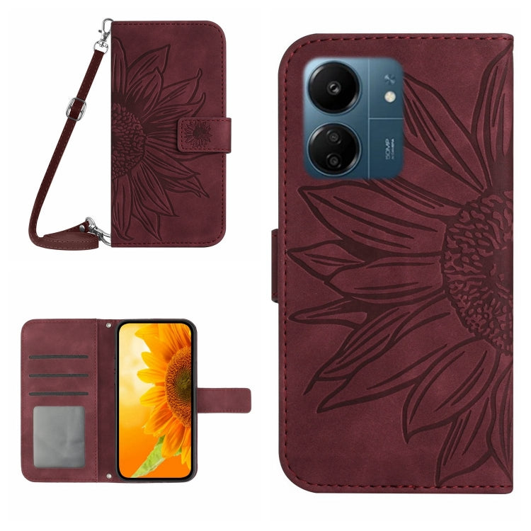 For Xiaomi Redmi 13C 4G Skin Feel Sun Flower Embossed Flip Leather Phone Case with Lanyard(Wine Red) - 13C Cases by buy2fix | Online Shopping UK | buy2fix