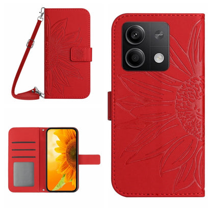 For Xiaomi Redmi Note 13 4G Global Skin Feel Sun Flower Embossed Flip Leather Phone Case with Lanyard(Red) - Note 13 Cases by buy2fix | Online Shopping UK | buy2fix