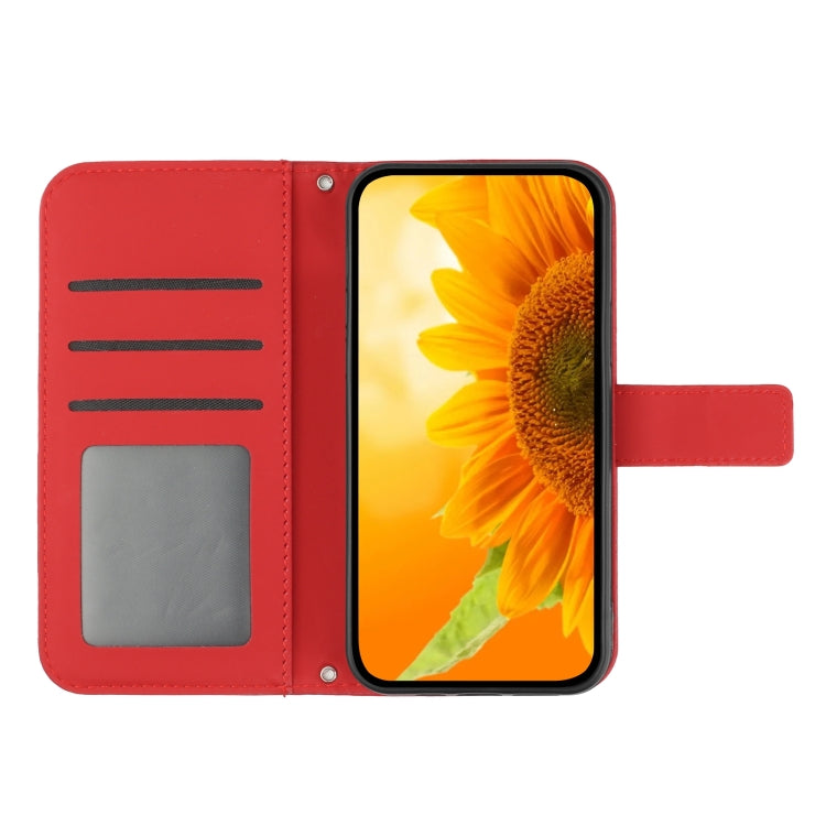 For Xiaomi Redmi Note 13 4G Global Skin Feel Sun Flower Embossed Flip Leather Phone Case with Lanyard(Red) - Note 13 Cases by buy2fix | Online Shopping UK | buy2fix