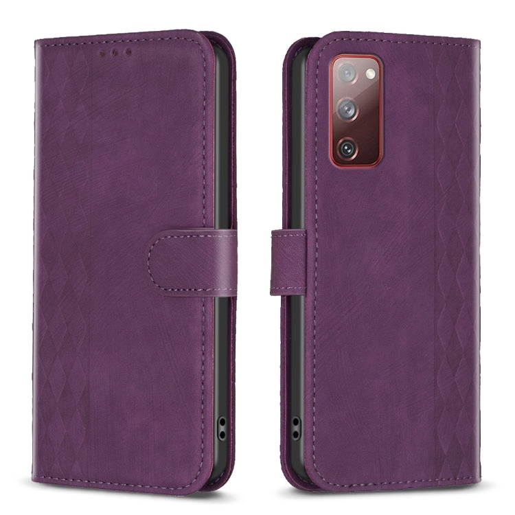 For Samsung Galaxy S20 FE Plaid Embossed Leather Phone Case(Purple) - Galaxy S20 FE Cases by buy2fix | Online Shopping UK | buy2fix