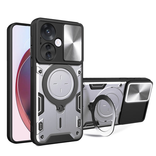 For OPPO Reno11 F 5G Global CD Texture Sliding Camshield Magnetic Holder Phone Case(Silver) - Reno11 F Cases by buy2fix | Online Shopping UK | buy2fix