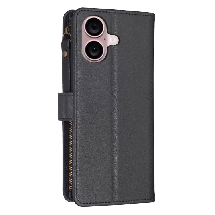 For iPhone 16 9 Card Slots Zipper Wallet Leather Flip Phone Case(Black) - iPhone 16 Cases by buy2fix | Online Shopping UK | buy2fix