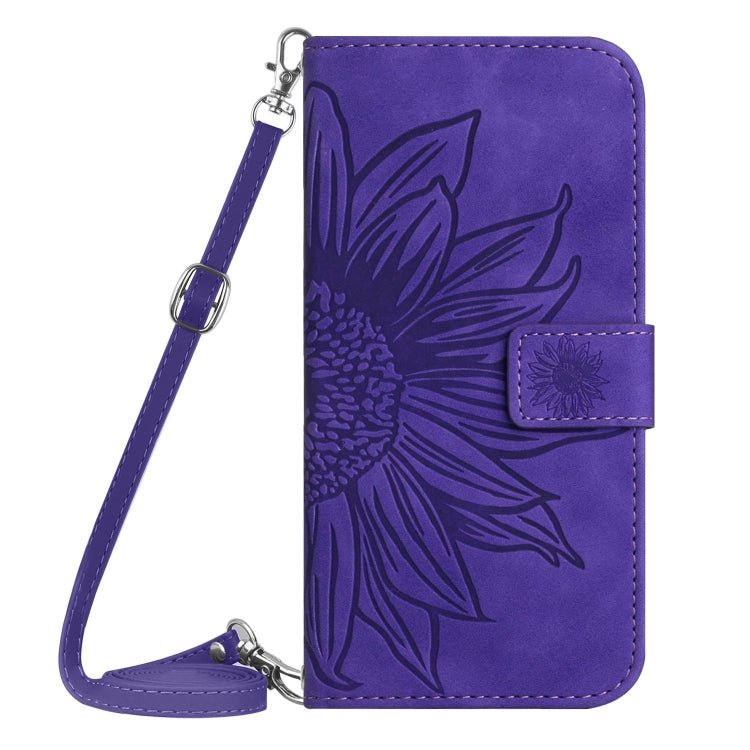 For iPhone 16 Plus Skin Feel Sun Flower Embossed Flip Leather Phone Case with Lanyard(Dark Purple) - iPhone 16 Plus Cases by buy2fix | Online Shopping UK | buy2fix