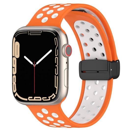 For Apple Watch 7 45mm Magnetic Buckle Silicone Watch Band(Orange White) - Watch Bands by buy2fix | Online Shopping UK | buy2fix