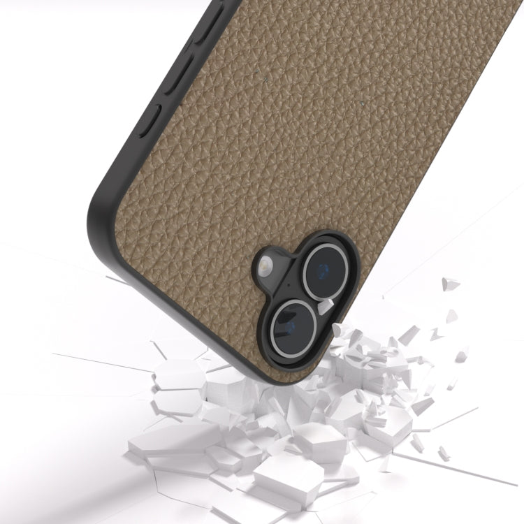 For iPhone 16 ABEEL Genuine Leather Litchi Texture Phone Case(Grey) - iPhone 16 Cases by buy2fix | Online Shopping UK | buy2fix