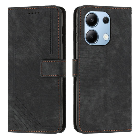 For Xiaomi Redmi Note 13 4G Global Skin Feel Stripe Pattern Leather Phone Case with Long Lanyard(Black) - Note 13 Cases by buy2fix | Online Shopping UK | buy2fix