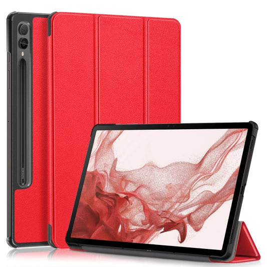 For Samsung Galaxy Tab S9+ Custer Pure Color 3-Fold Holder Smart Leather Tablet Case(Red) - Galaxy Tab S9+ Cases by buy2fix | Online Shopping UK | buy2fix