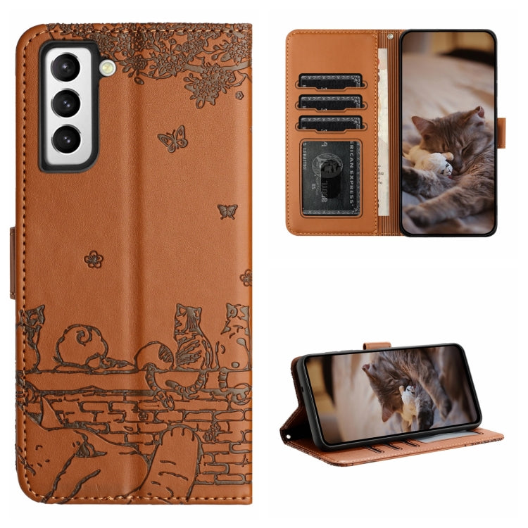 For Samsung Galaxy S21+ Cat Embossing Pattern Leather Phone Case with Lanyard(Brown) - Galaxy S21+ 5G Cases by buy2fix | Online Shopping UK | buy2fix
