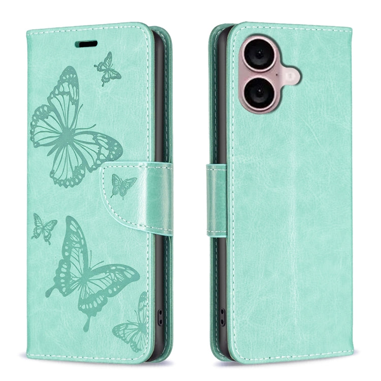 For iPhone 16 Embossing Two Butterflies Pattern Leather Phone Case(Green) - iPhone 16 Cases by buy2fix | Online Shopping UK | buy2fix