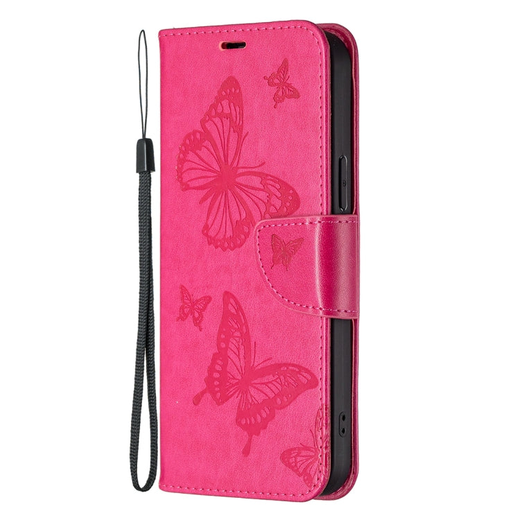 For iPhone 16 Embossing Two Butterflies Pattern Leather Phone Case(Rose Red) - iPhone 16 Cases by buy2fix | Online Shopping UK | buy2fix