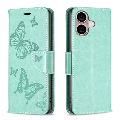 For iPhone 16 Plus Embossing Two Butterflies Pattern Leather Phone Case(Green) - iPhone 16 Plus Cases by buy2fix | Online Shopping UK | buy2fix