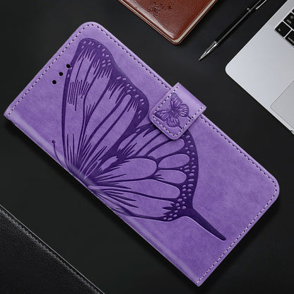 For iPhone 16 Pro Embossed Butterfly Leather Phone Case(Light Purple) - iPhone 16 Pro Cases by buy2fix | Online Shopping UK | buy2fix