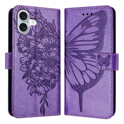 For iPhone 16 Plus Embossed Butterfly Leather Phone Case(Light Purple) - iPhone 16 Plus Cases by buy2fix | Online Shopping UK | buy2fix