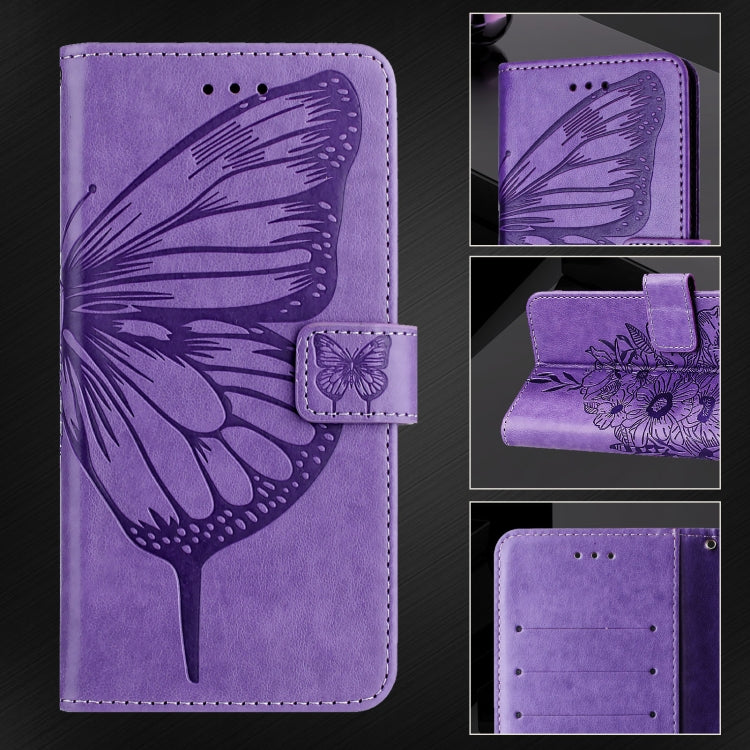 For iPhone 16 Plus Embossed Butterfly Leather Phone Case(Light Purple) - iPhone 16 Plus Cases by buy2fix | Online Shopping UK | buy2fix