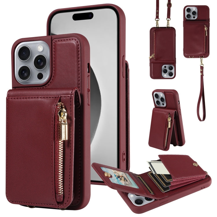 For iPhone 16 Pro Max Crossbody Lanyard Zipper Wallet Leather Phone Case(Wine Red) - iPhone 16 Pro Max Cases by buy2fix | Online Shopping UK | buy2fix