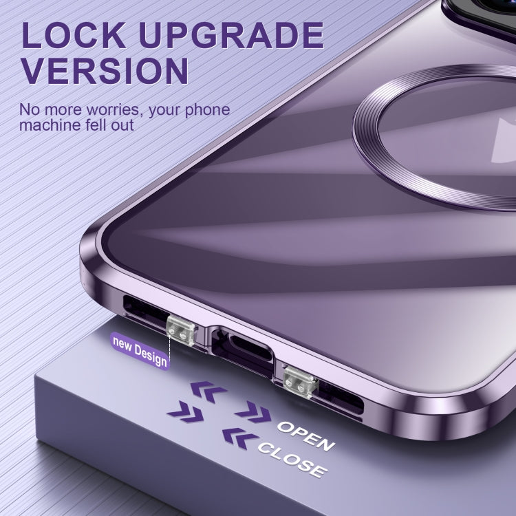 For iPhone 15 Large Window Holder MagSafe Magnetic Metal Phone Case(Purple) - iPhone 15 Cases by buy2fix | Online Shopping UK | buy2fix