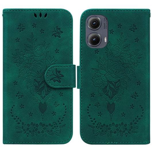 For Motorola Edge 2024 Butterfly Rose Embossed Leather Phone Case(Green) - Motorola Cases by buy2fix | Online Shopping UK | buy2fix